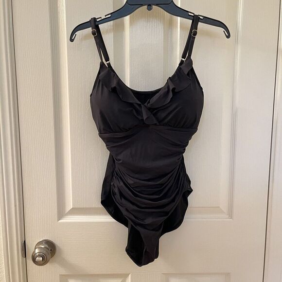 Lauren Ralph Lauren Black Ruffle One-Piece Swimsuit Beach Club Solids Size 14 - Picture 1 of 13